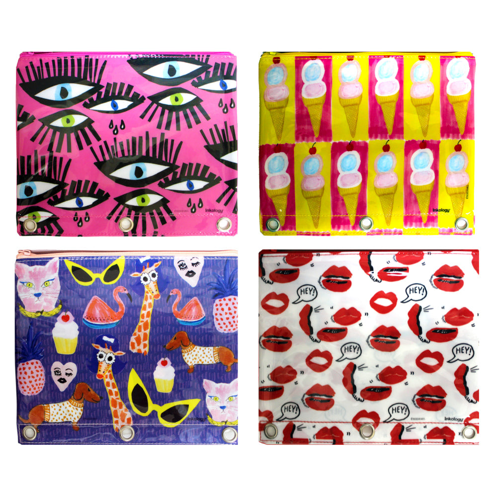 Inkology Bouffants & Broken Hearts Binder Pencil Pouches, Assorted Colors, Pack Of 8 Pouches