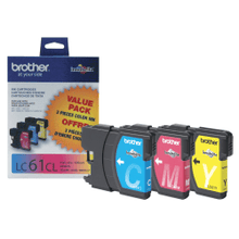 Load image into Gallery viewer, Brother LC61 Cyan, Magenta, Yellow Ink Cartridges, Pack Of 3, LC61CMY