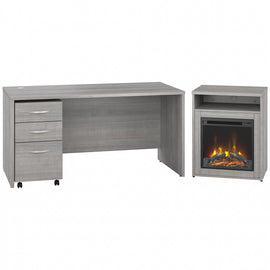 Bush Business Furniture Studio C 60inW x 30inD Desk With 3-Drawer Mobile File Cabinet And 24inW Electric Fireplace With Shelf, Platinum Gray, Standard Delivery