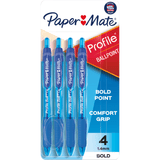 Paper Mate Profile Retractable Ballpoint Pens, Bold Point, 1.4 mm, Translucent Barrel, Blue Ink, Pack Of 4