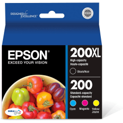 Epson 200XL Black/200 DuraBrite Cyan; Magenta; Yellow High-Yield/Standard Yield Ink Cartridges, Pack Of 4, T200XL-BCS