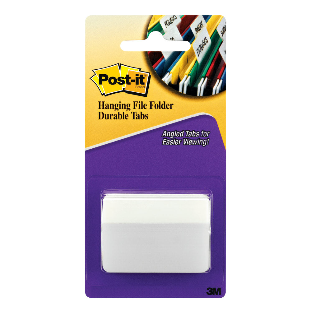 Post-it Notes Durable Hanging Angled Solid File Folder Tabs, 2in x 1-1/2in, White, Pack Of 50 Tabs