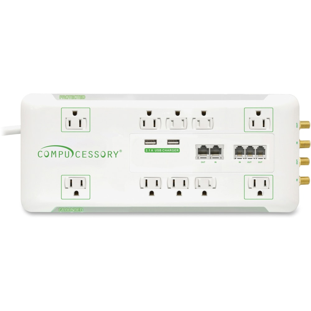 Compucessory Slim 10-Outlet Surge Protector, 6ft Cord, White, CCS31900