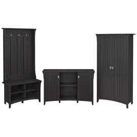 Bush Furniture Salinas Entryway Storage Set With Hall Tree, Shoe Bench And Accent Cabinets, Vintage Black, Standard Delivery