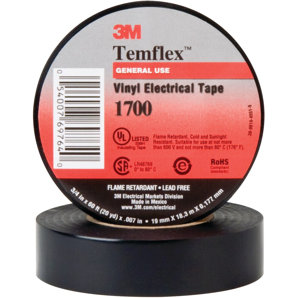 3M 1700 Electrical Tape, 1.5in Core, 0.75in x 60ft, Black, Case Of 20