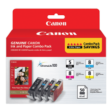 Load image into Gallery viewer, Canon PGI-5/CLI-8/PP-201 ChromaLife 100 Black And Cyan, Magenta, Yellow Ink Cartridges And Photo Paper, Pack Of 4