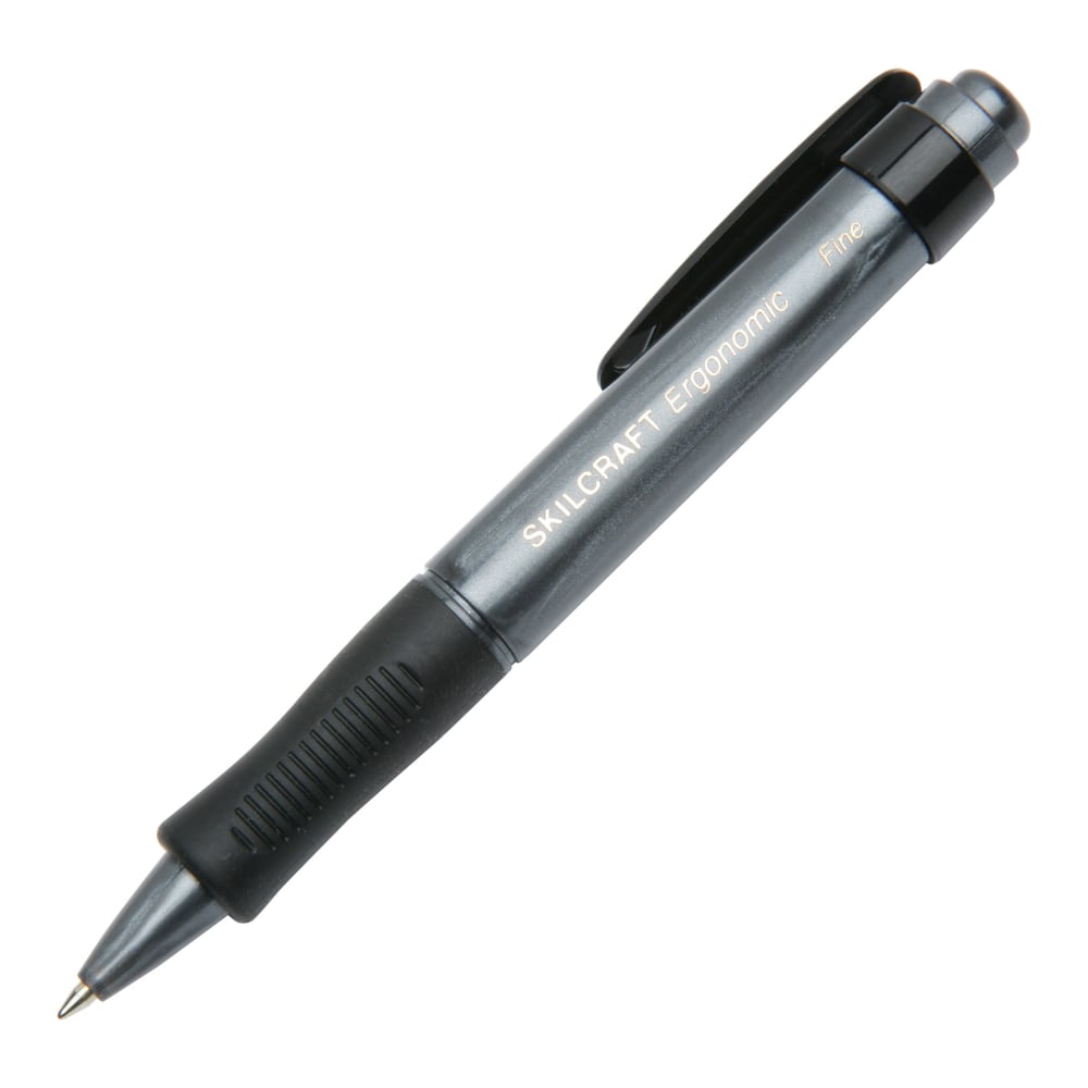 SKILCRAFT AbilityOne Ergonomic Retractable Ballpoint Pens, Fine Point, Black Ink, Pack Of 12 Pens
