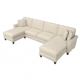 Bush Furniture Hudson 131inW Sectional Couch With Double Chaise Lounge, Cream Herringbone, Standard Delivery