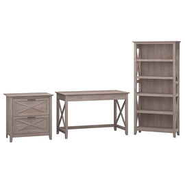 Bush Furniture Key West 48inW Writing Desk With 2 Drawer Lateral File Cabinet And 5 Shelf Bookcase, Washed Gray, Standard Delivery