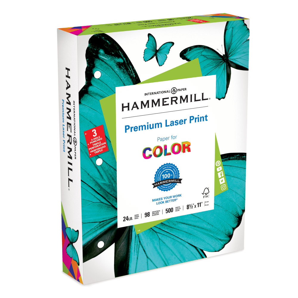 Hammermill 3-Hole Punched Multi-Use Print & Copy Paper, Letter Size (8 1/2in x 11in), 92 (U.S.) Brightness, 24 Lb, White, Ream Of 500 Sheets
