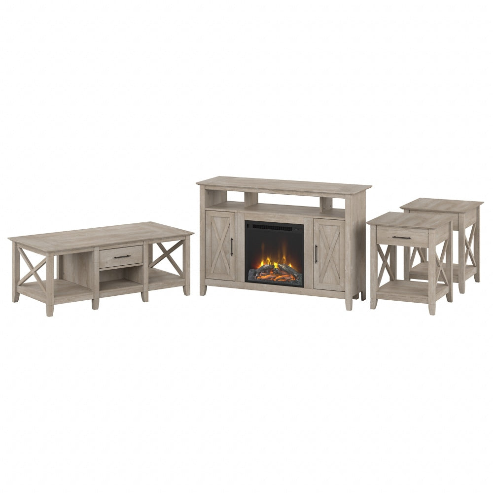 Bush Furniture Key West Tall Electric Fireplace TV Stand With Coffee Table And End Tables, Washed Gray, Standard Delivery