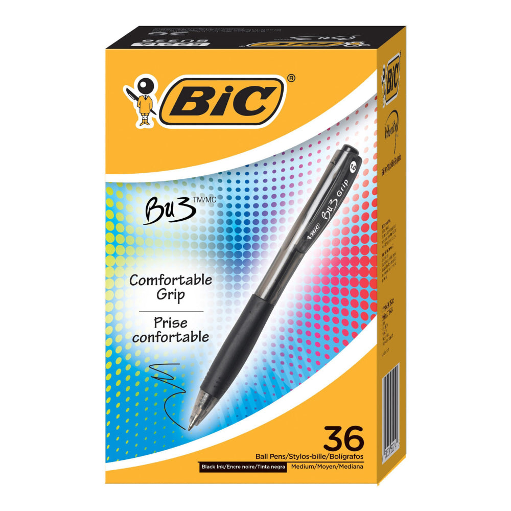 BIC BU3 Retractable Ballpoint Pens, Box Of 36, Medium Point, 1.0 mm, Black Barrel, Black Ink