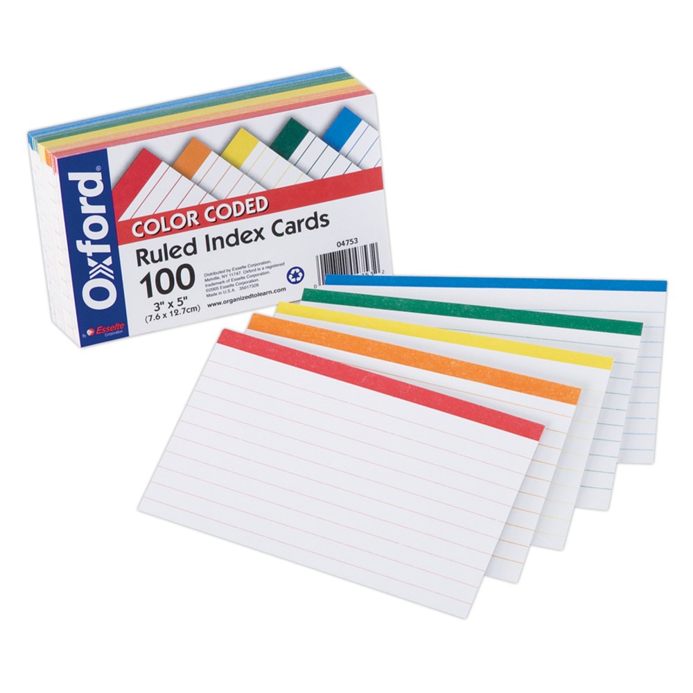 Oxford Color-Coded Index Cards, 3in x 5in, Assorted Colors, Pack Of 100