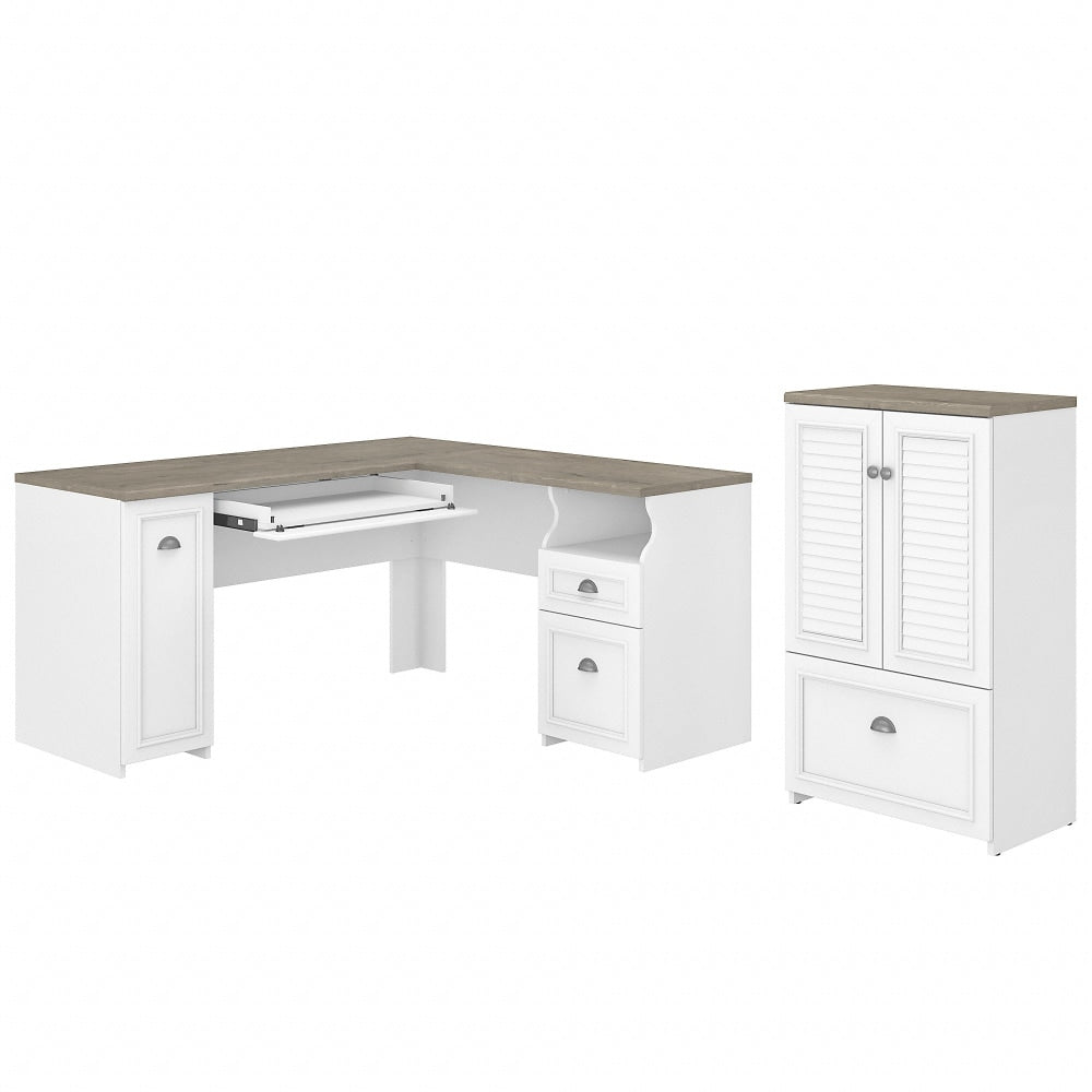 Bush Business Furniture Fairview 60inW L-Shaped Corner Desk And 2-Door Storage Cabinet With File Drawer, Shiplap Gray/Pure White, Standard Delivery