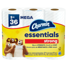 Load image into Gallery viewer, Charmin Essentials Strong Mega 2-Ply Toilet Paper Rolls, 4in x 4-1/2in, White, 429 Sheets Per Roll, Pack Of 9 Rolls