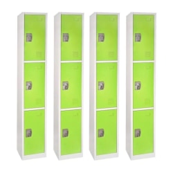 Alpine Large 3-Tier Steel Lockers, 72inH x 12inW x 12inD, Green, Pack Of 4 Lockers