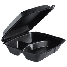 Load image into Gallery viewer, Dart Insulated Foam Hinged-Lid Containers, 3 Compartments, 9 7/16inH x 9inW x 3inD, Black, Pack Of 200 Containers