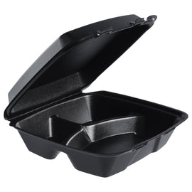 Dart Insulated Foam Hinged-Lid Containers, 3 Compartments, 9 7/16inH x 9inW x 3inD, Black, Pack Of 200 Containers