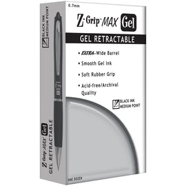 Zebra Z-Grip Max Gel Ink Retractable Pens, Medium Point, 0.7 mm, Black Barrel, Black Ink, Pack Of 12