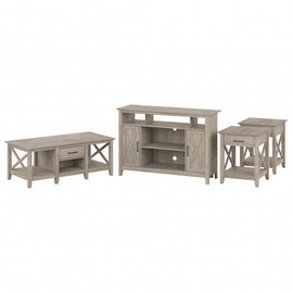 Bush Furniture Key West Tall TV Stand for 55in TV With Coffee Table And End Tables, Washed Gray, Standard Delivery