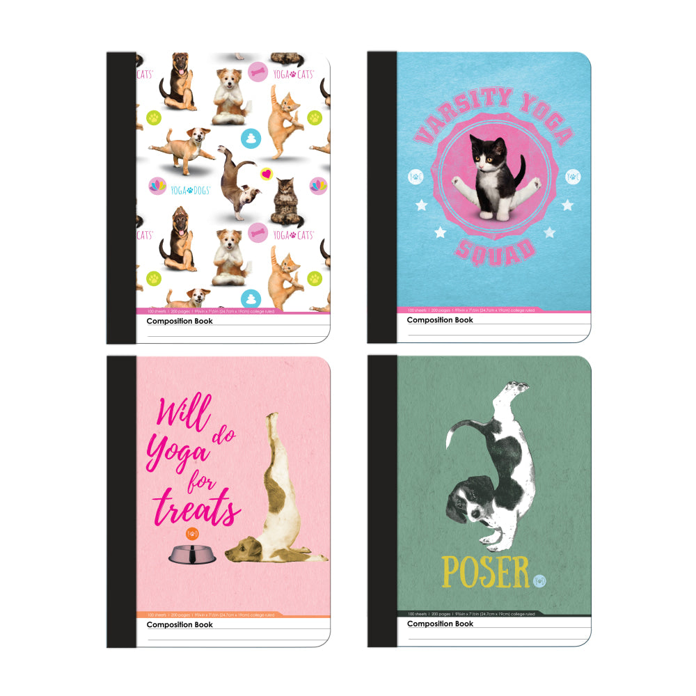 Inkology Composition Books, 7-1/2in x 9 3/4in, College Ruled, 200 Pages (100 Sheets), Yoga Cats & Dogs, Pack Of 12 Books