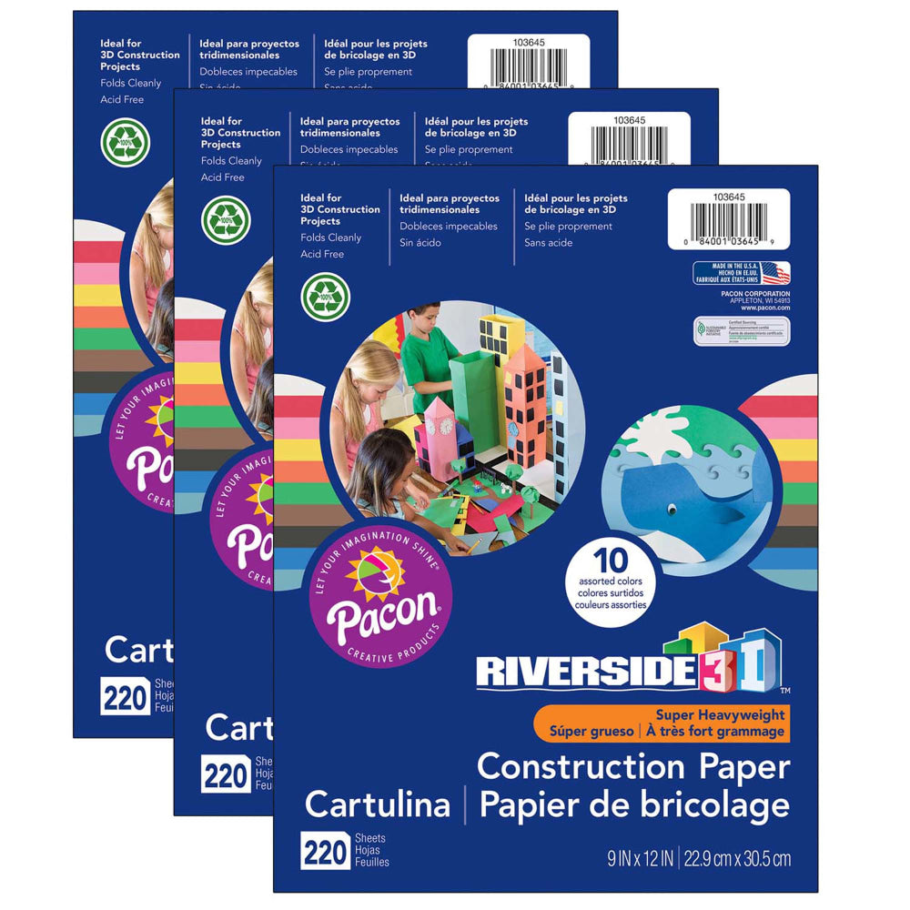 Pacon Riverside 3D Construction Paper, 9in x 12in, Assorted Colors, 220 Sheets Per Pack, Set Of 3 Packs