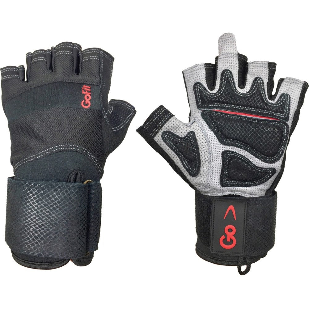 GoFit Xtreme Wrist-Wrap Gloves with Articulated Grip (Medium) - Medium Size - Leather Palm, Gel Palm Pad, Neoprene Knuckle, Jersey Back