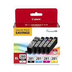 Canon PGI-280XL Black; CLI-281 Black; Cyan; Magenta; Yellow High-Yield Ink Tanks, Pack Of 5
