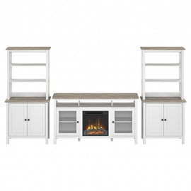 Bush Furniture Mayfield Electric Fireplace TV Stand for 70in TVs With Storage Bookcases, Shiplap Gray/Pure White, Standard Delivery