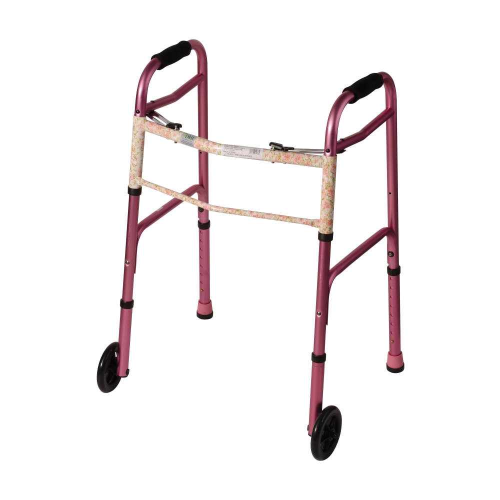 DMI Adjustable Aluminum Folding Walkers With 2-Button Release, 38inH x 25inW x 13inD, Pink Floral, Pack Of 2