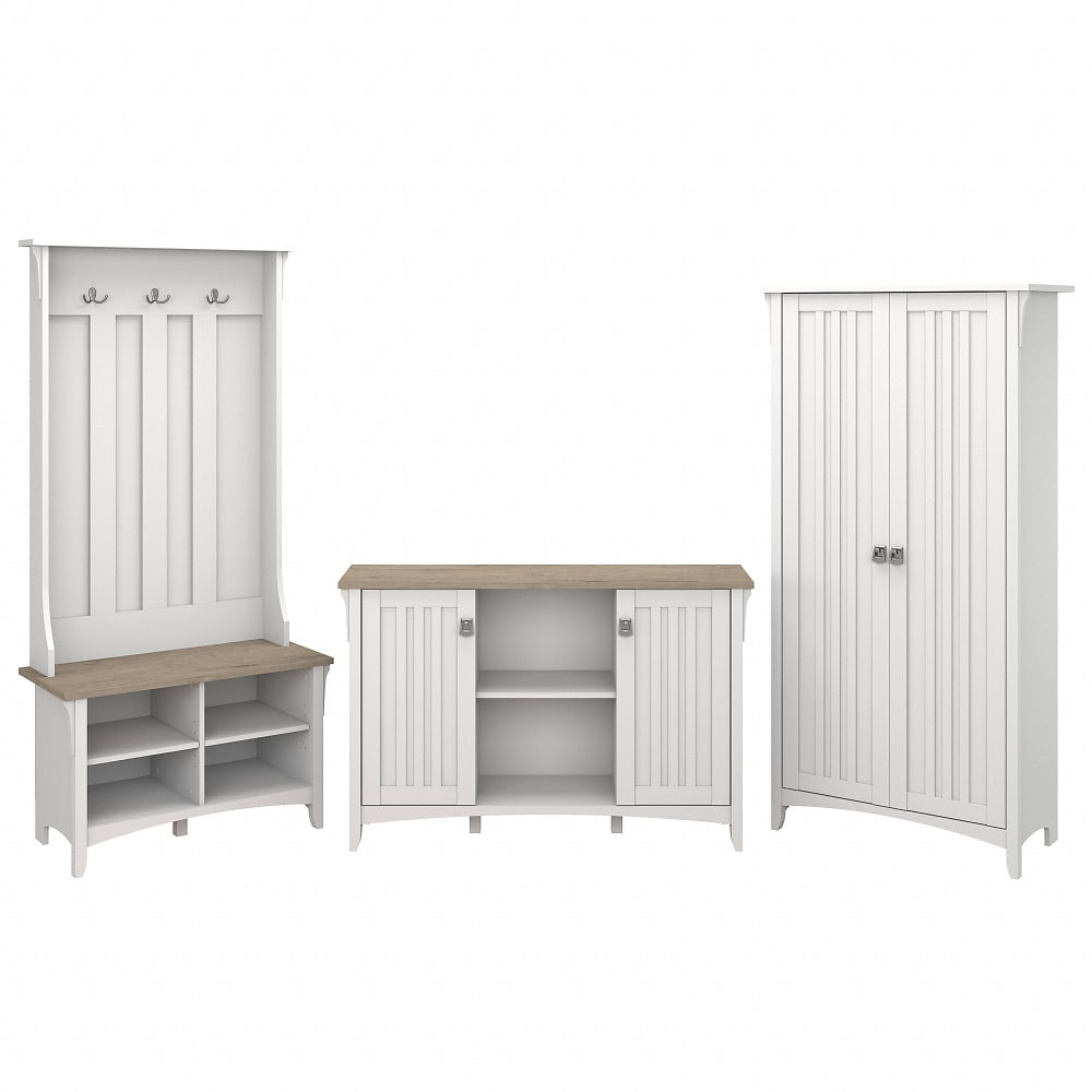 Bush Furniture Salinas Entryway Hall Tree/Shoe Storage Bench, Accent Storage Cabinet, and Tall Storage Cabinet, Shiplap Gray/Pure White, Standard Delivery