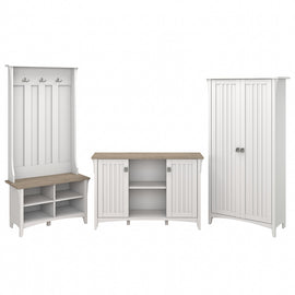 Bush Furniture Salinas Entryway Hall Tree/Shoe Storage Bench, Accent Storage Cabinet, and Tall Storage Cabinet, Shiplap Gray/Pure White, Standard Delivery