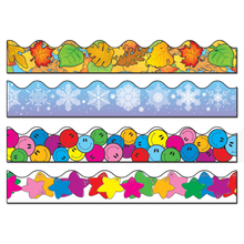 Load image into Gallery viewer, Carson-Dellosa Scalloped Borders Sets, Snowflake/Colored Leaves/Smiley Faces/Colorful Stars, Multicolor, Pre-K - Grade 8, Pack Of 4