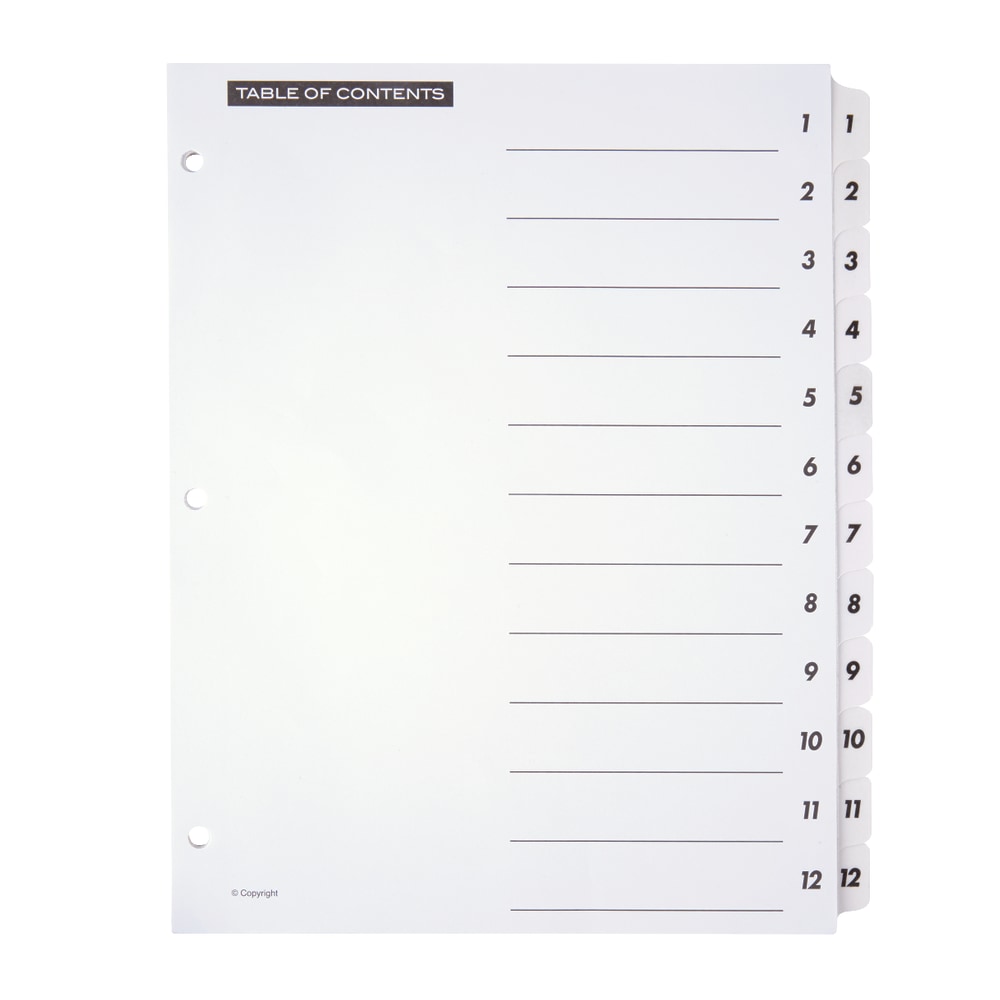 Office Depot Brand Table Of Contents Customizable Index With Preprinted Tabs, White, Numbered 1-12