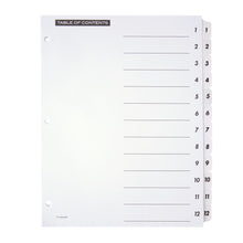 Load image into Gallery viewer, Office Depot Brand Table Of Contents Customizable Index With Preprinted Tabs, White, Numbered 1-12