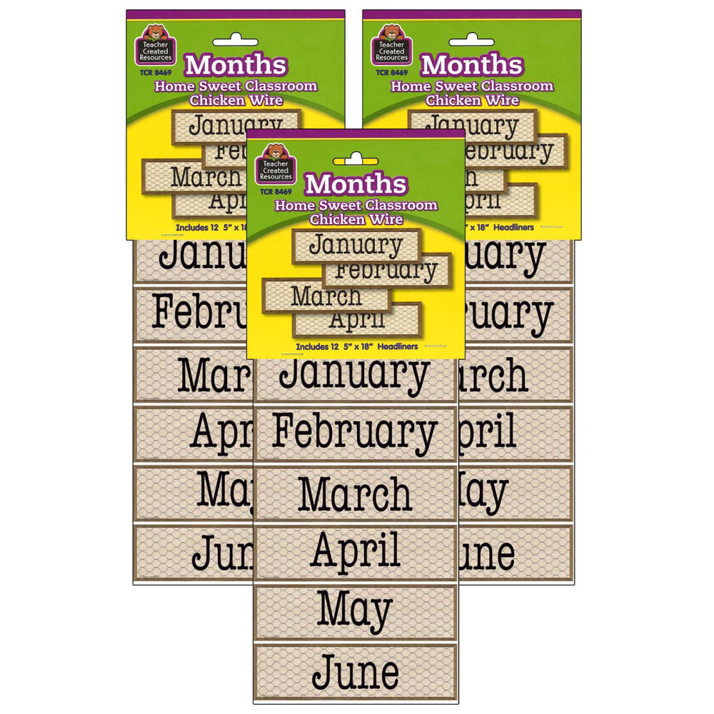 Teacher Created Resources Monthly Headliners, 5in x 18in, Home Sweet Classroom Chicken Wire, 12 Per Pack, Set Of 3 Packs