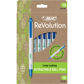 BIC ReVolution Clic Stic Retractable Ball Pens, Medium Point, 1.0 mm, 62% Recycled, Semi-Clear Barrel, Blue Ink, Pack Of 10 Pens