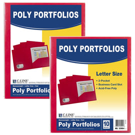 C-Line 2-Pocket Poly Portfolios, 8-1/2in x 11in, Red, 10 Folders Per Pack, Set Of 2 Packs