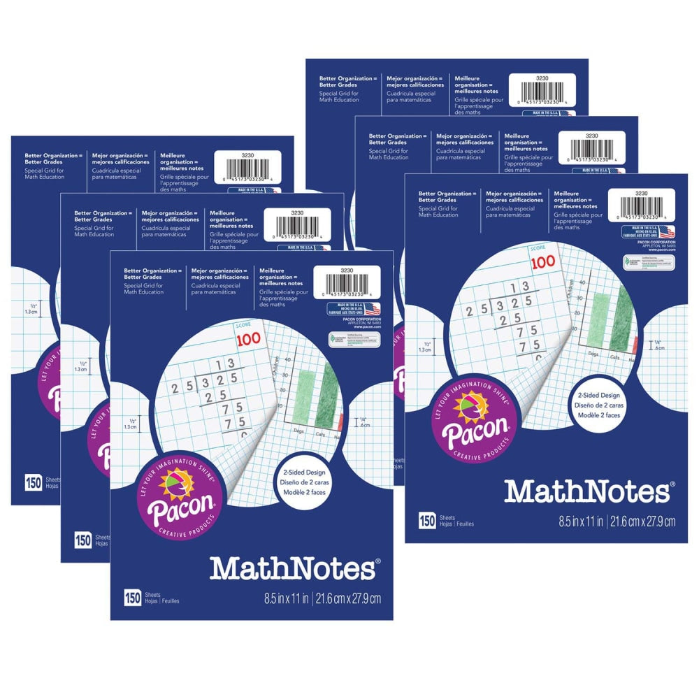 Pacon MathNotes Graphing Paper, 8-1/2in x 11in, White, 150 Sheets Per Pack, Set Of 6 Packs
