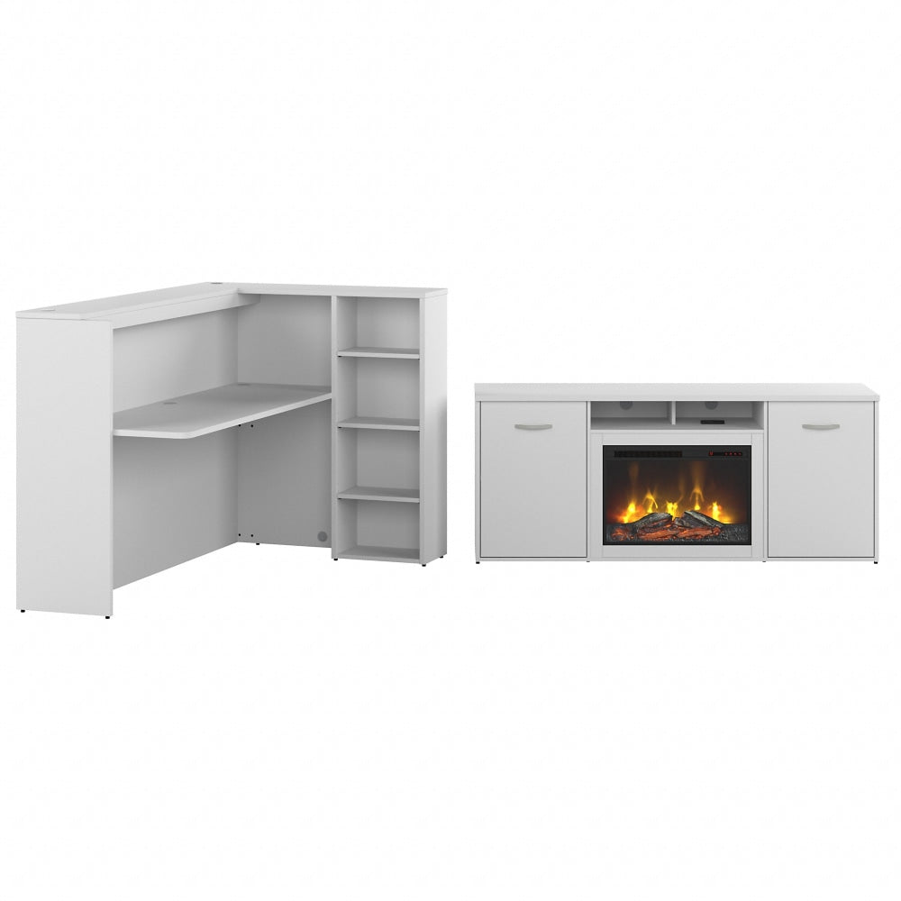 Bush Business Furniture Studio C 72inW Reception Desk With 72inW Electric Fireplace TV Stand, White, Standard Delivery