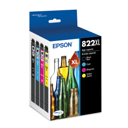Epson 822XL Black/822 DuraBrite Cyan, Magenta, Yellow High-Yield Ink Cartridges, Pack Of 4, T822XL-XCS