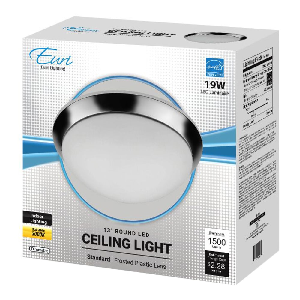 Euri Indoor Round LED Ceiling Light Fixture, 13in, Dimmable, 3000K, 19 Watts, 1,500 Lumens, Chrome/Frosted Plastic
