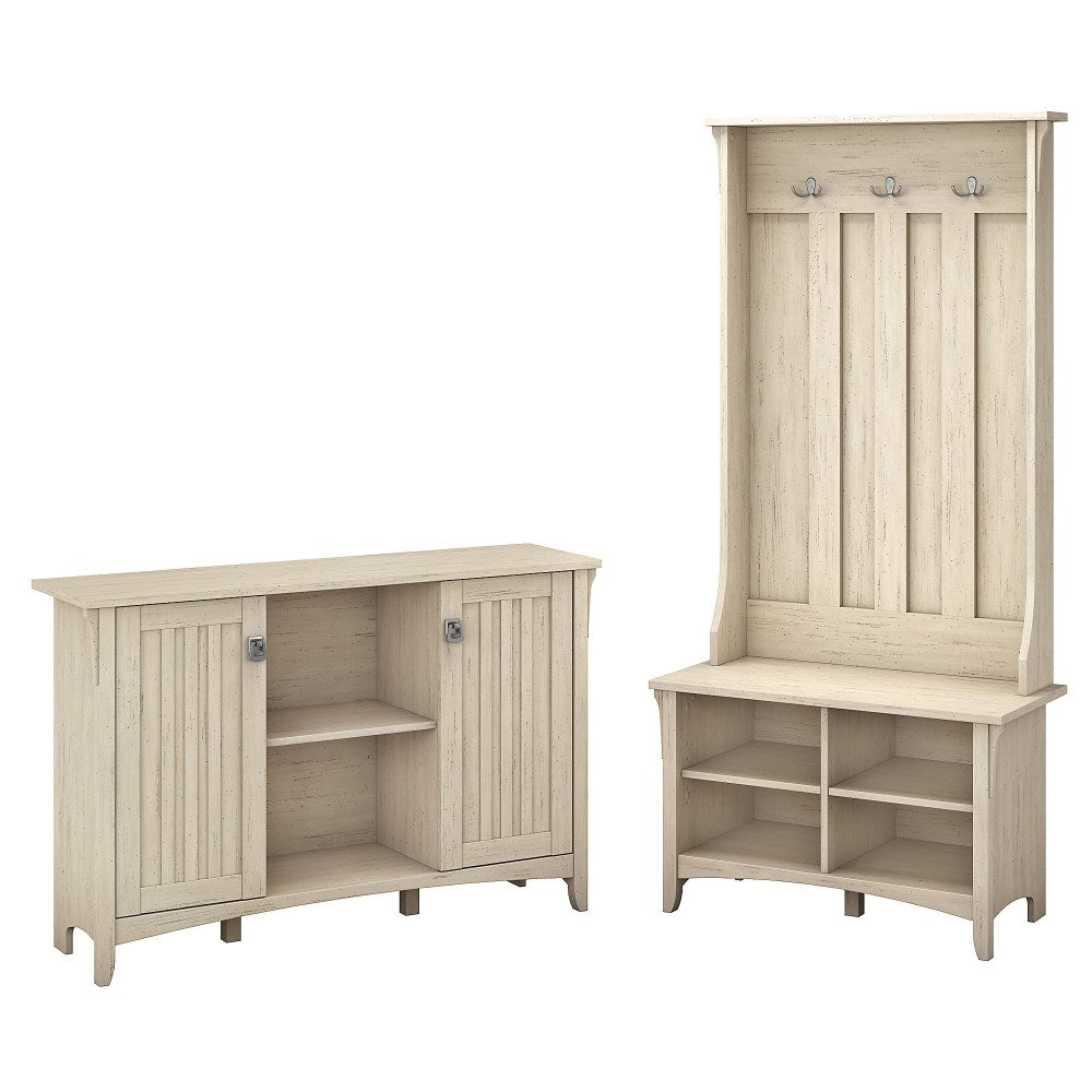 Bush Furniture Salinas Entryway Storage Set with Hall Tree, Shoe Bench and Accent Cabinet, Antique White, Standard Delivery