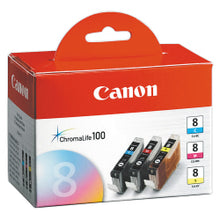 Load image into Gallery viewer, Canon CLI-8 ChromaLife 100 Cyan, Magenta, Yellow Ink Tanks, Pack Of 3, 0621B016
