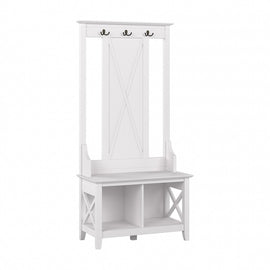 Bush Furniture Key West 32inW Hall Tree With Shoe Storage Bench, Pure White Oak, Standard Delivery