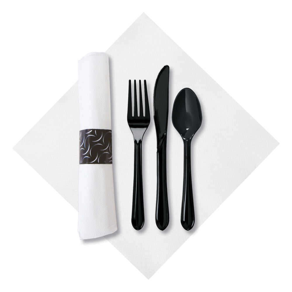 CaterWrap Pre-Rolled Cutlery, Crescent FashnPoint Napkin, Black/White, Case Of 100 Rolls