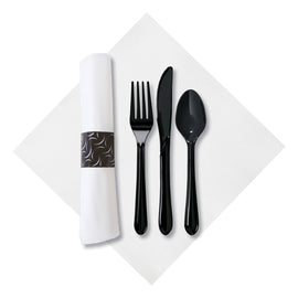 CaterWrap Pre-Rolled Cutlery, Crescent FashnPoint Napkin, Black/White, Case Of 100 Rolls