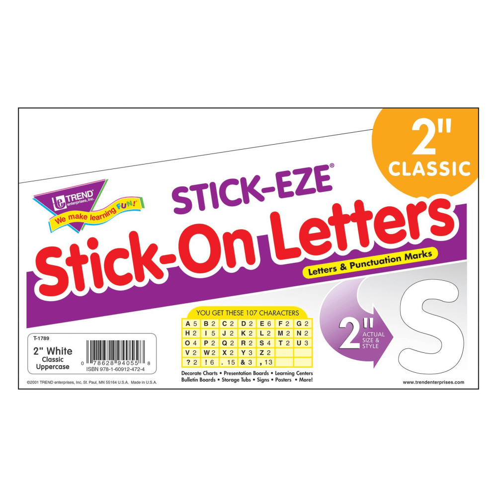 TREND STICK-EZE Stick-On Letters, 2in, White, Pack Of 107