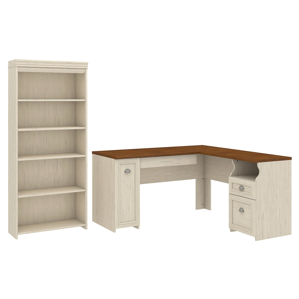 Bush Business Furniture Fairview 60inW L-Shaped Corner Desk With 5-Shelf Bookcase, Antique White, Standard Delivery