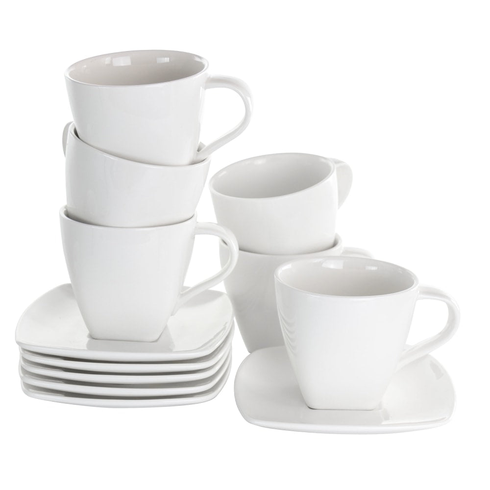 Elama Market 12-Piece Porcelain Square Cup And Saucer Set, 10 Oz, White